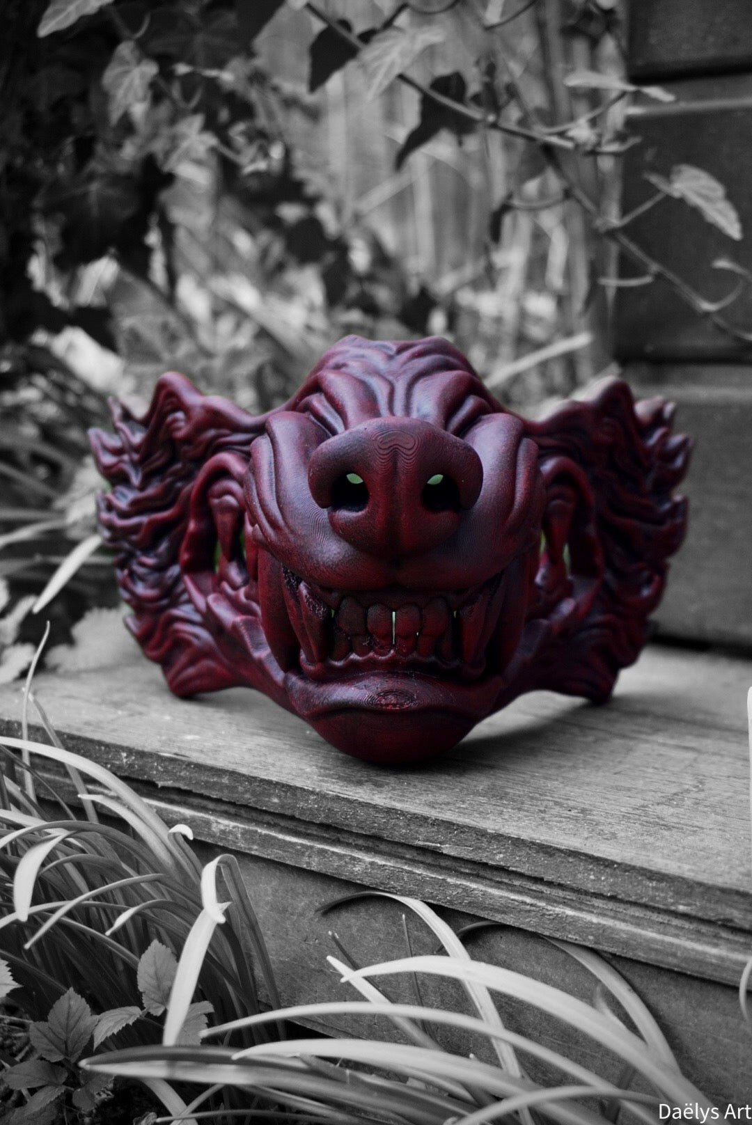 Masque oni, masque démon japonais, décoration japonaise, folklore japonais, japon traditionnel, Yokaï, Hannya, Daëlys Art, mempo, samouraï