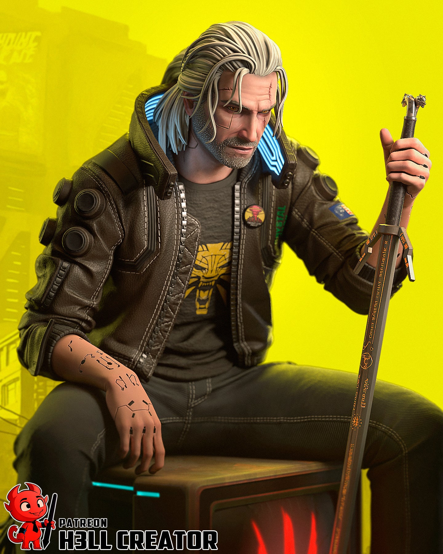 v cyberpunk, figurine cyberpunk , cyberpunk 2077, figurine a peindre, geralt de riv cyberpunk